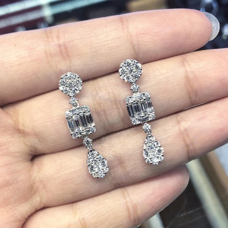 2.20TCW Emerald Cut Diamond Illusion Natural 18K solid white gold handmade earrings dangling wedding gift retacgular invisible chandelier