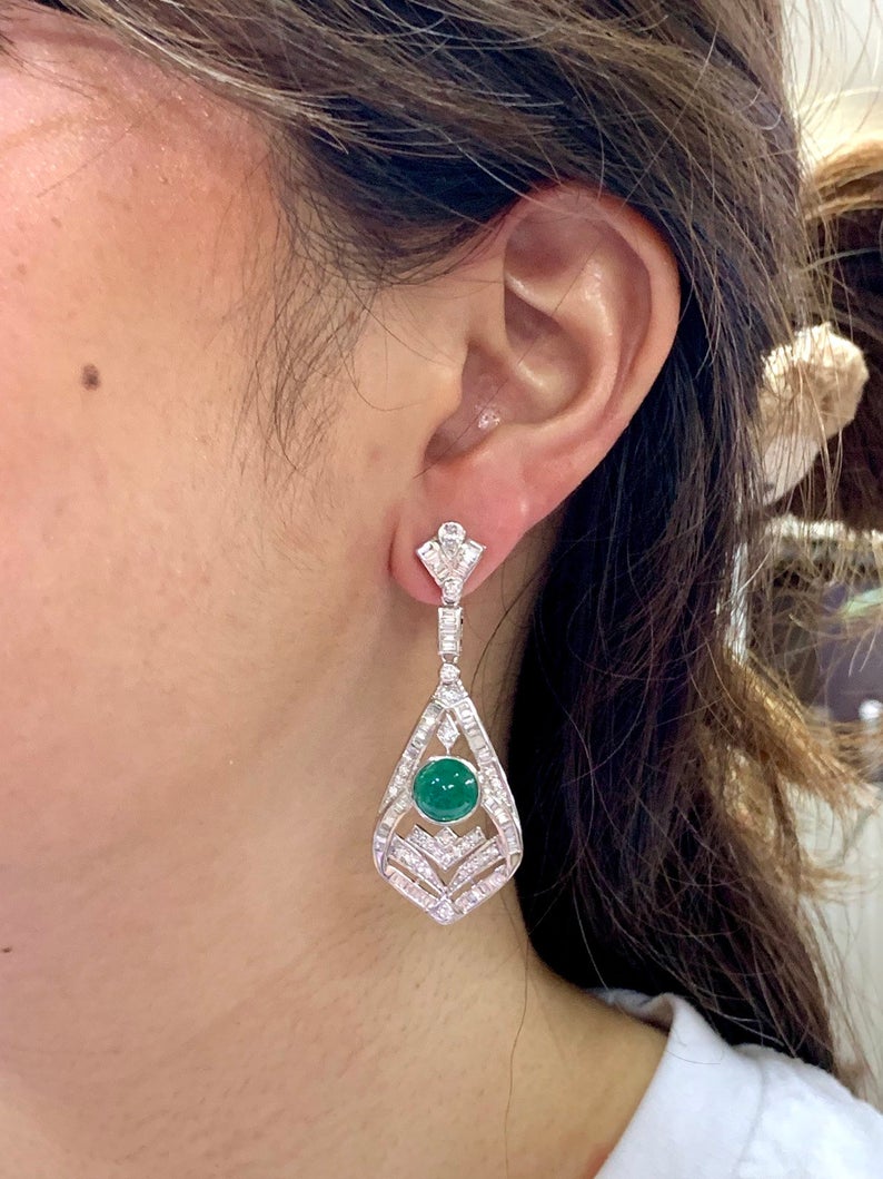 ART-DECO 8.27TCW Emerald VS Diamonds 18k solid white gold earrings gemstone zambian colombian chandelier dangle natural cabochon huge may