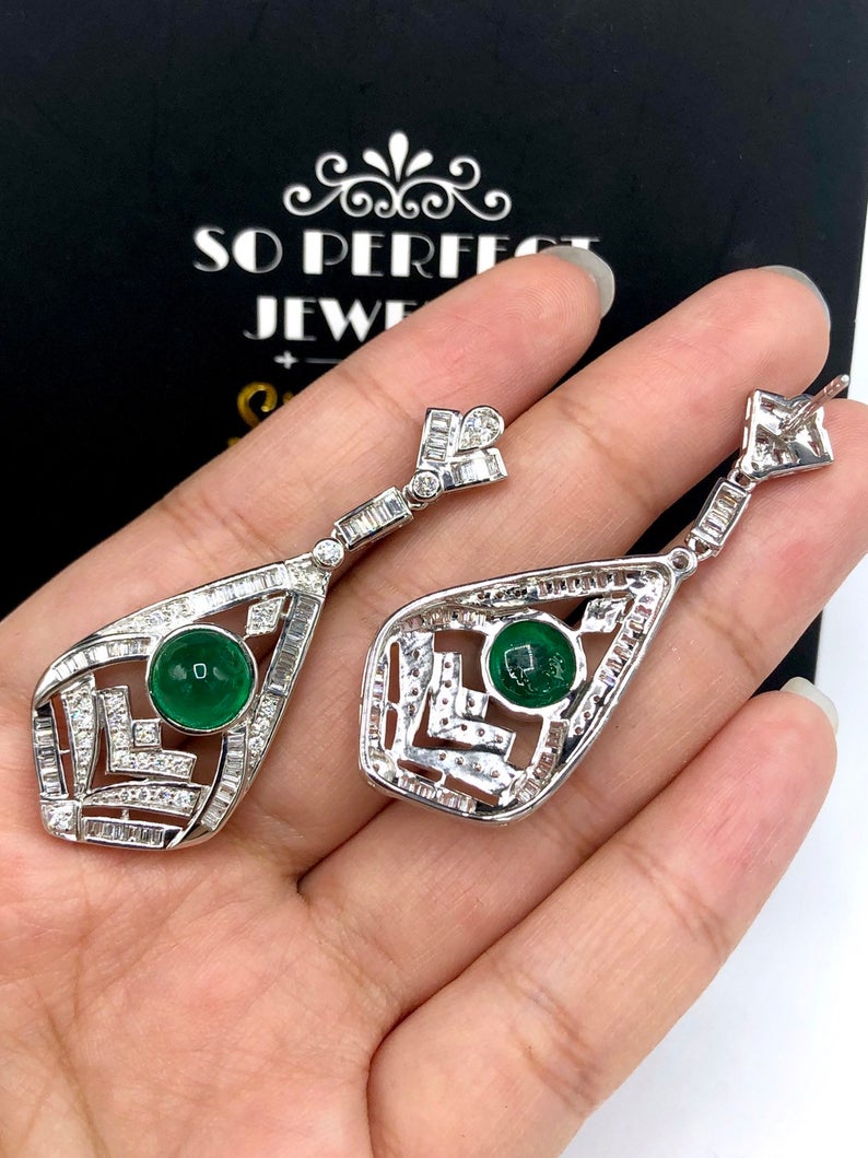 ART-DECO 8.27TCW Emerald VS Diamonds 18k solid white gold earrings gemstone zambian colombian chandelier dangle natural cabochon huge may