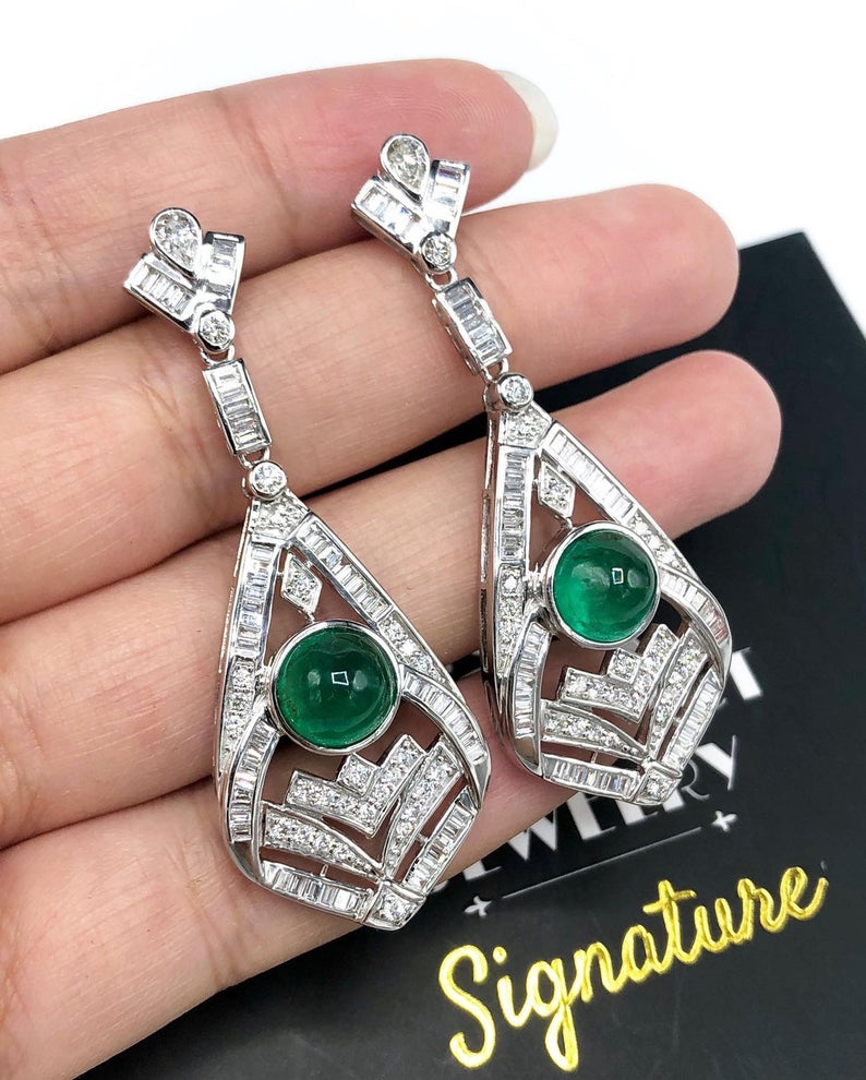 ART-DECO 8.27TCW Emerald VS Diamonds 18k solid white gold earrings gemstone zambian colombian chandelier dangle natural cabochon huge may