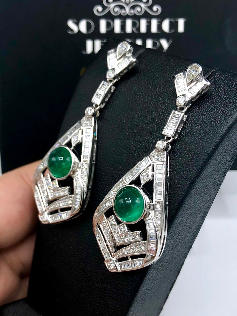 ART-DECO 8.27TCW Emerald VS Diamonds 18k solid white gold earrings gemstone zambian colombian chandelier dangle natural cabochon huge may