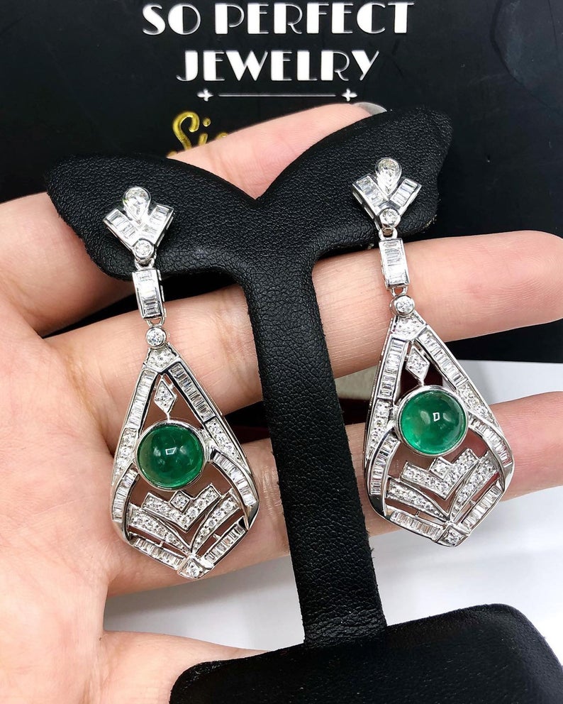 ART-DECO 8.27TCW Emerald VS Diamonds 18k solid white gold earrings gemstone zambian colombian chandelier dangle natural cabochon huge may