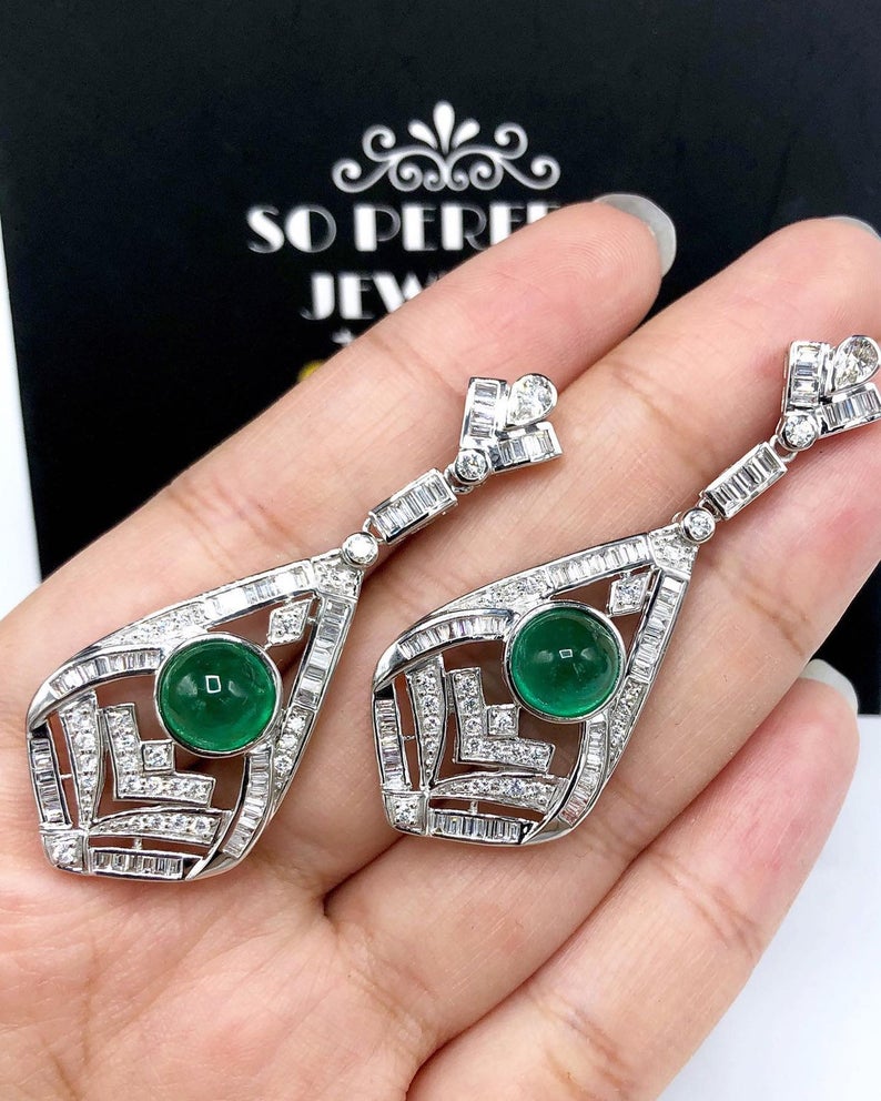 ART-DECO 8.27TCW Emerald VS Diamonds 18k solid white gold earrings gemstone zambian colombian chandelier dangle natural cabochon huge may