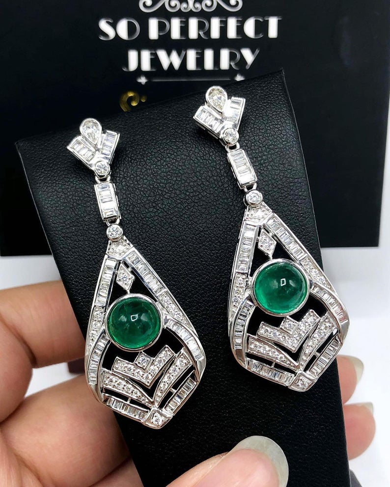 ART-DECO 8.27TCW Emerald VS Diamonds 18k solid white gold earrings gemstone zambian colombian chandelier dangle natural cabochon huge may