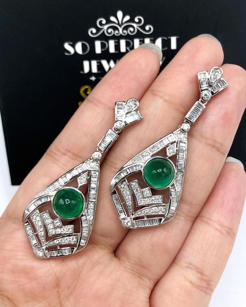 ART-DECO 8.27TCW Emerald VS Diamonds 18k solid white gold earrings gemstone zambian colombian chandelier dangle natural cabochon huge may