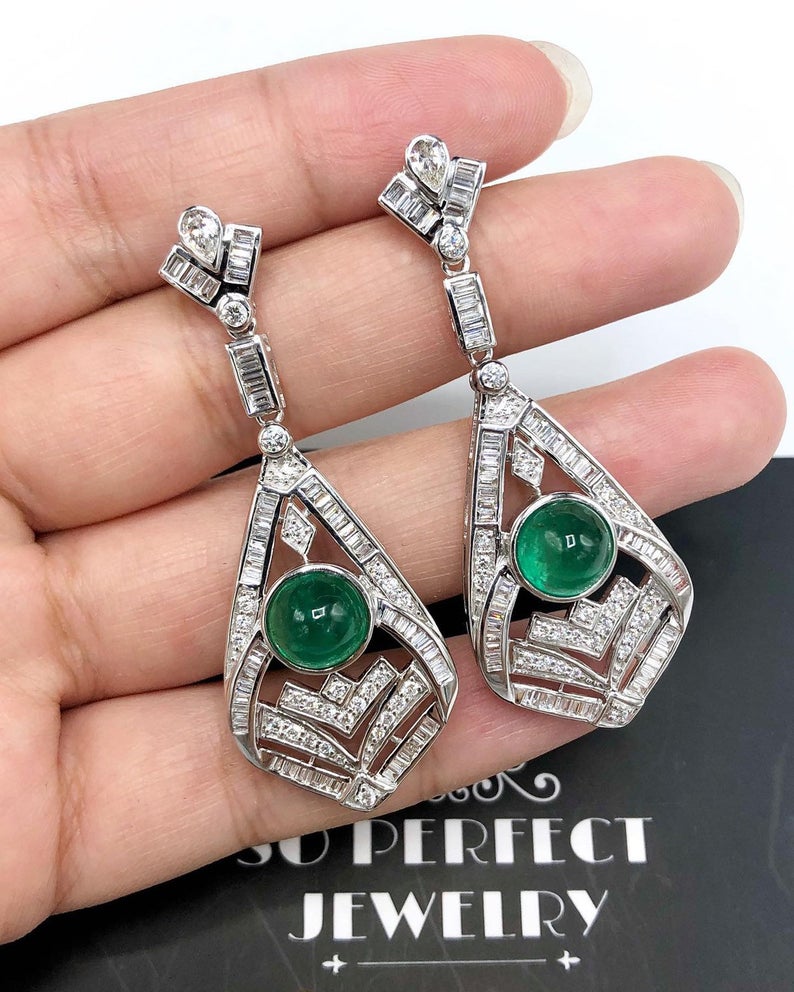 ART-DECO 8.27TCW Emerald VS Diamonds 18k solid white gold earrings gemstone zambian colombian chandelier dangle natural cabochon huge may