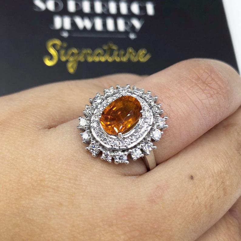 3.42TCW Orange Sapphire & Diamonds in 18K solid white gold handmade ring natural ceylon thai engagement wedding yellow halo