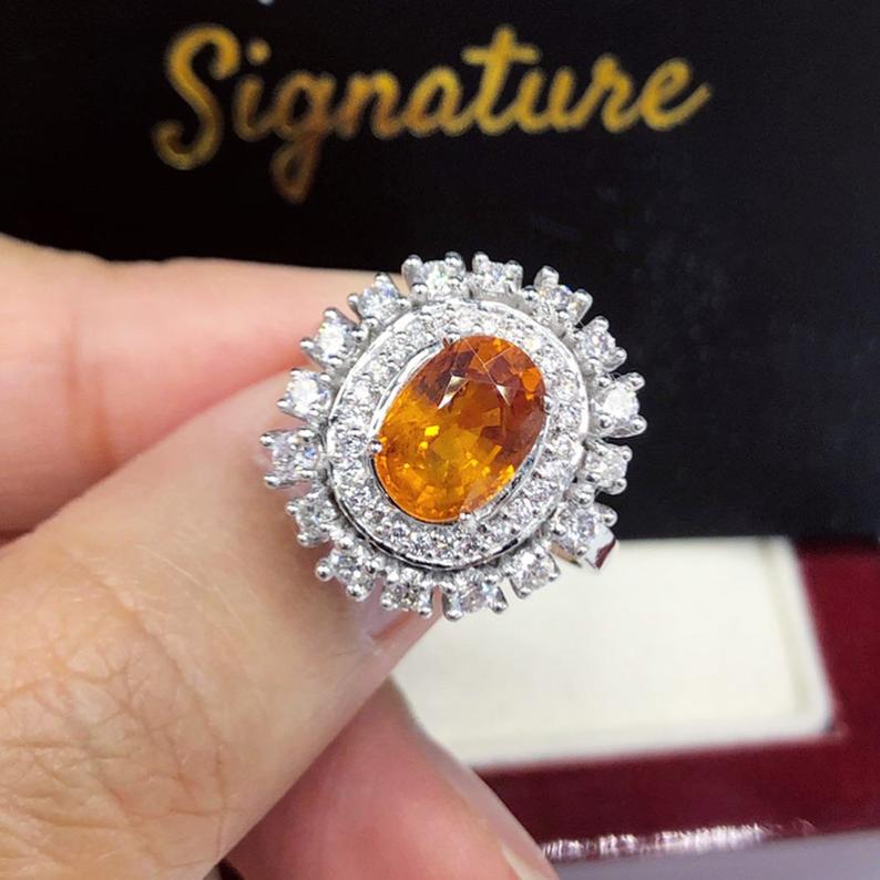 3.42TCW Orange Sapphire & Diamonds in 18K solid white gold handmade ring natural ceylon thai engagement wedding yellow halo