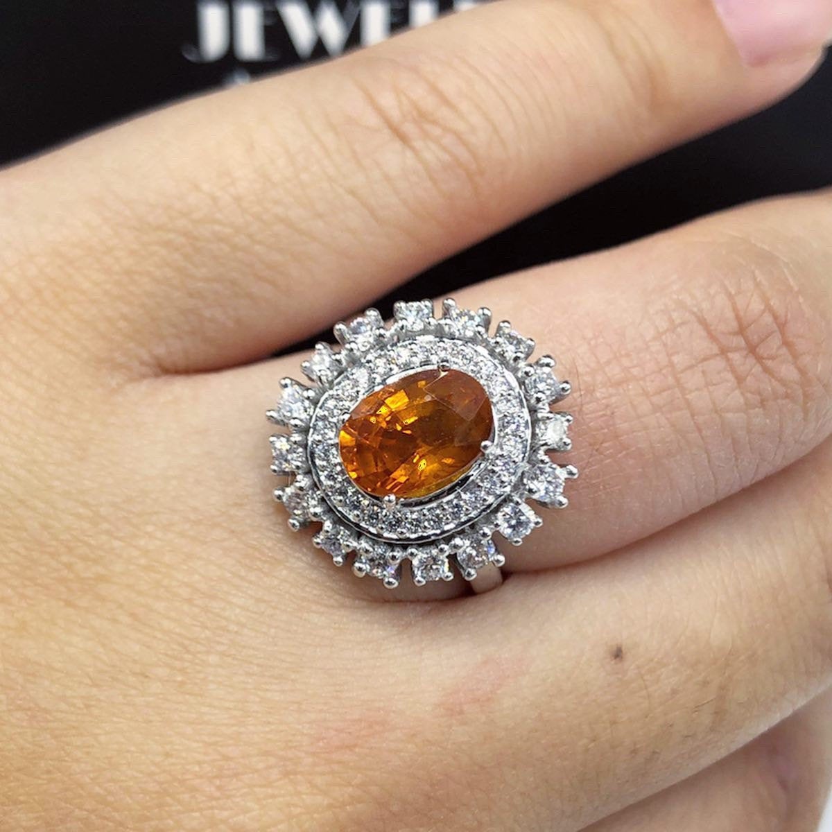 3.42TCW Orange Sapphire & Diamonds in 18K solid white gold handmade ring natural ceylon thai engagement wedding yellow halo