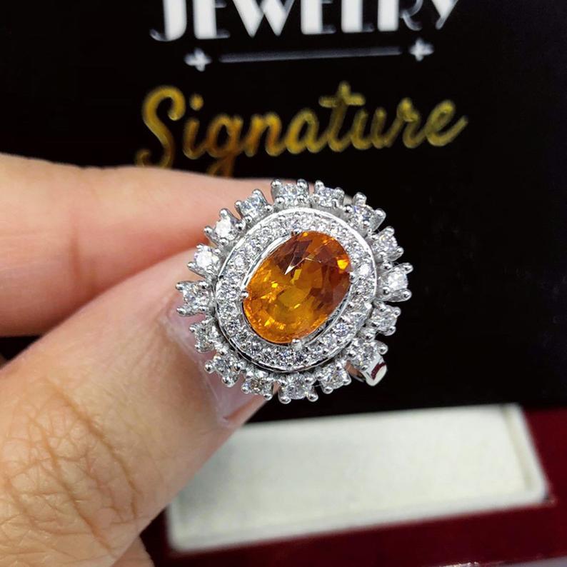 3.42TCW Orange Sapphire & Diamonds in 18K solid white gold handmade ring natural ceylon thai engagement wedding yellow halo