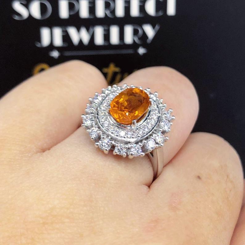 3.42TCW Orange Sapphire & Diamonds in 18K solid white gold handmade ring natural ceylon thai engagement wedding yellow halo