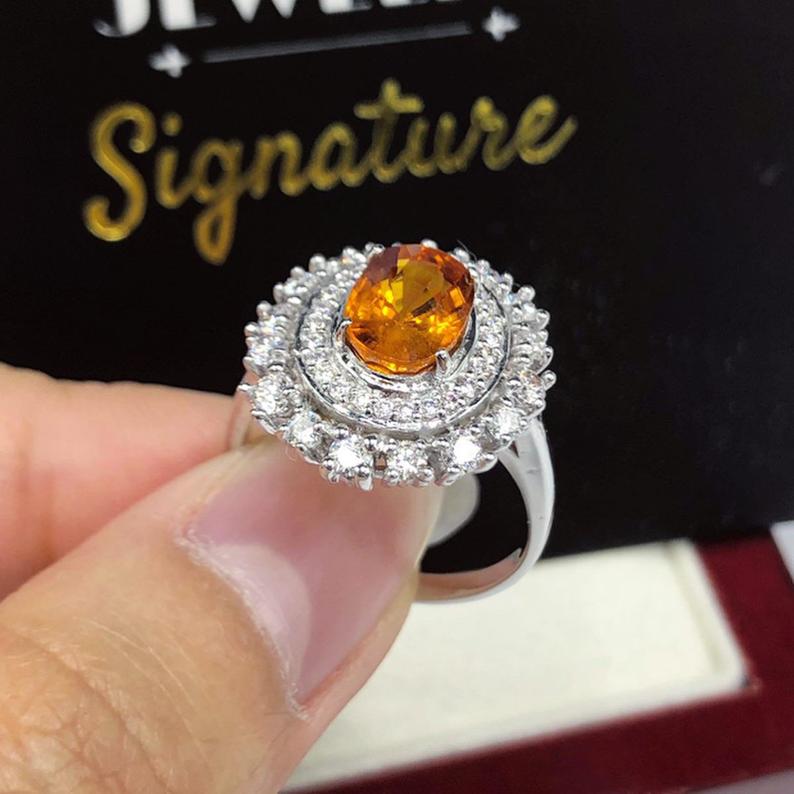 3.42TCW Orange Sapphire & Diamonds in 18K solid white gold handmade ring natural ceylon thai engagement wedding yellow halo