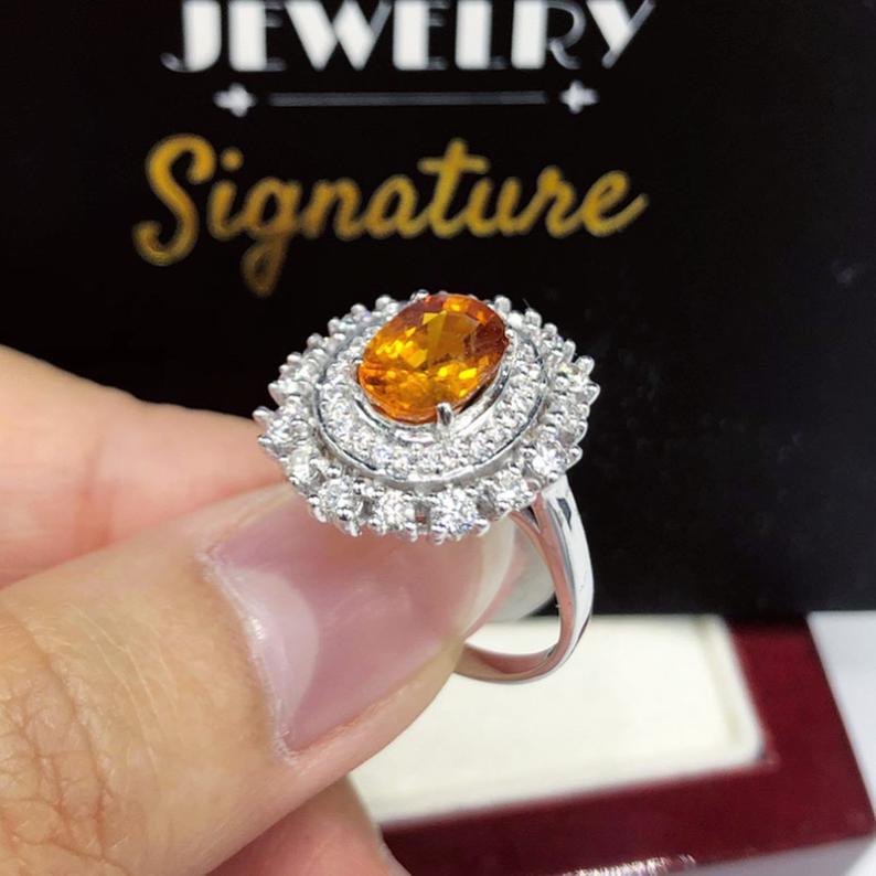 3.42TCW Orange Sapphire & Diamonds in 18K solid white gold handmade ring natural ceylon thai engagement wedding yellow halo