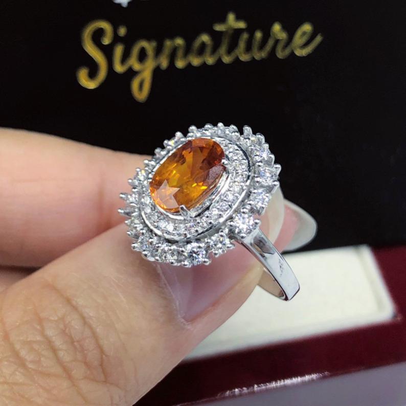 3.42TCW Orange Sapphire & Diamonds in 18K solid white gold handmade ring natural ceylon thai engagement wedding yellow halo