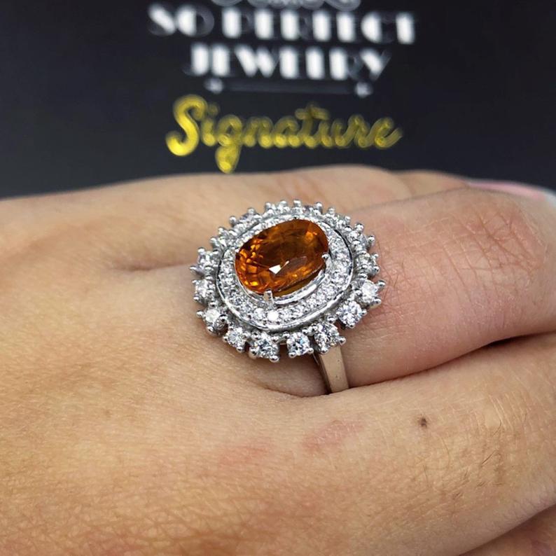 3.42TCW Orange Sapphire & Diamonds in 18K solid white gold handmade ring natural ceylon thai engagement wedding yellow halo