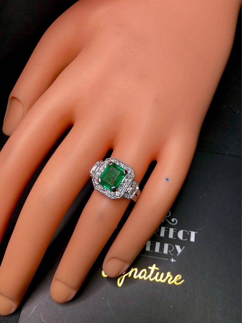 ART DECO 3.58TCW Emerald & VS Diamonds in 18k solid white gold ring engagement wedding colombian zambian Double halo modern natural