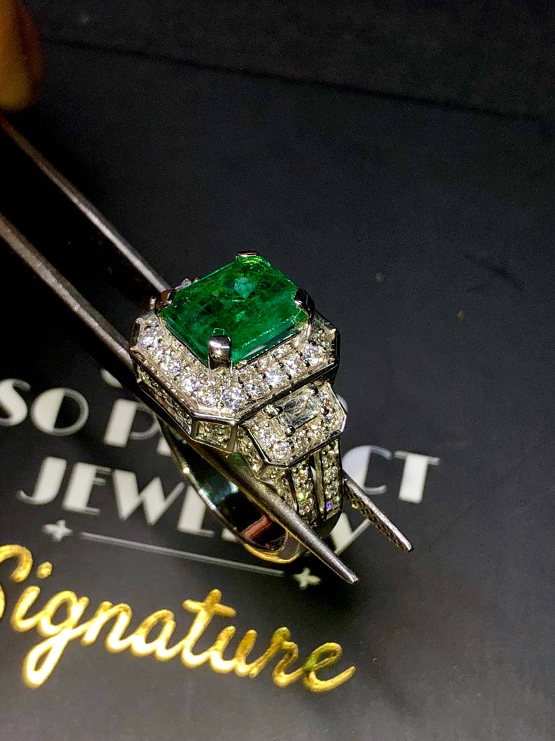 ART DECO 3.58TCW Emerald & VS Diamonds in 18k solid white gold ring engagement wedding colombian zambian Double halo modern natural