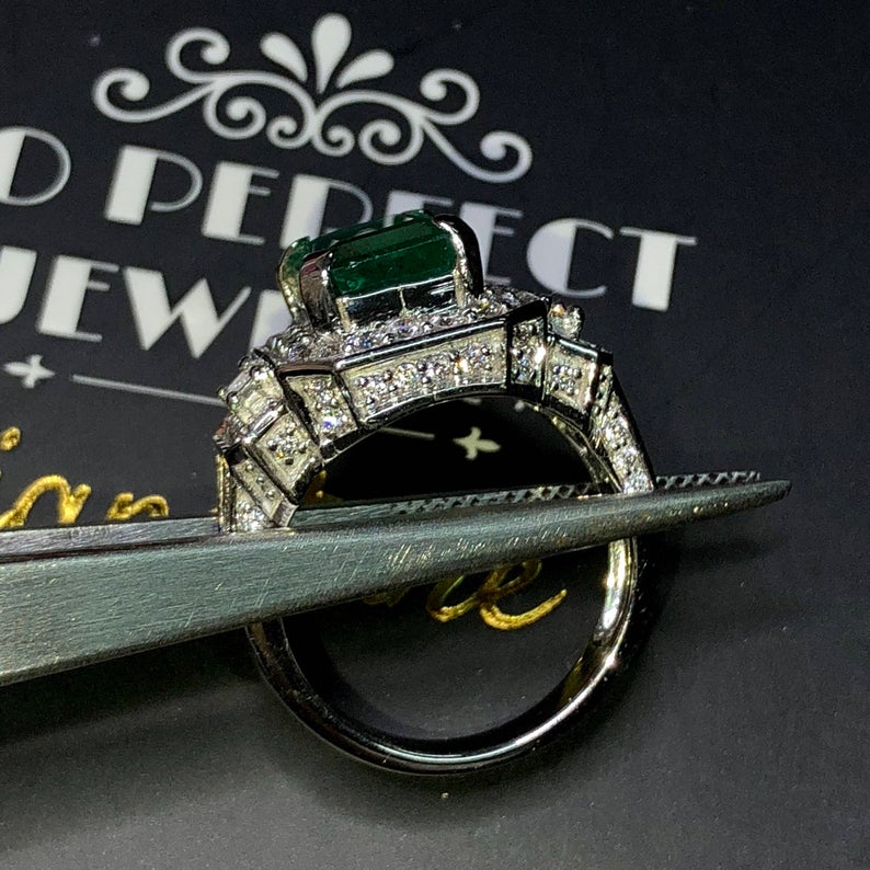 ART DECO 3.58TCW Emerald & VS Diamonds in 18k solid white gold ring engagement wedding colombian zambian Double halo modern natural