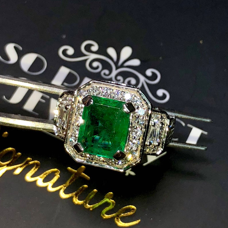 ART DECO 3.58TCW Emerald & VS Diamonds in 18k solid white gold ring engagement wedding colombian zambian Double halo modern natural