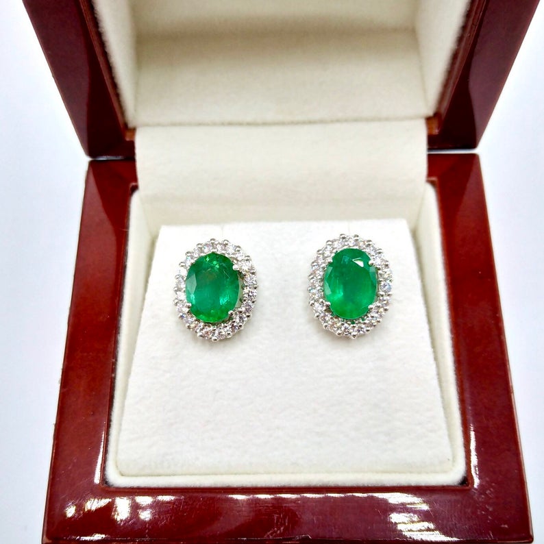 VIVID 3.53TCW Emerald VS Diamonds in 18K solid white gold earrings studs natural certified zambian Colombian halo wedding huge modern ova