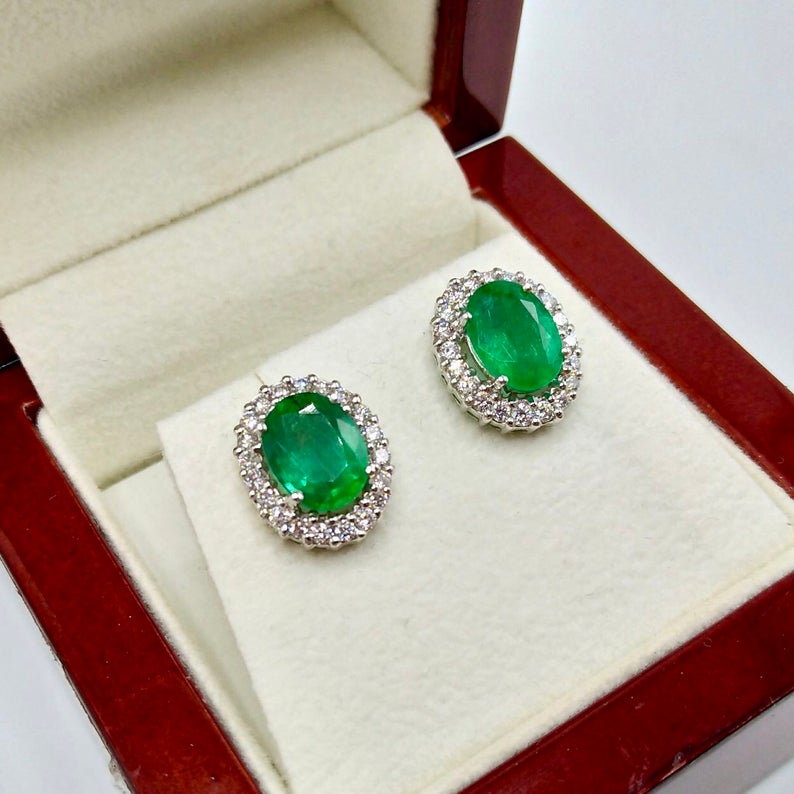 VIVID 3.53TCW Emerald VS Diamonds in 18K solid white gold earrings studs natural certified zambian Colombian halo wedding huge modern ova