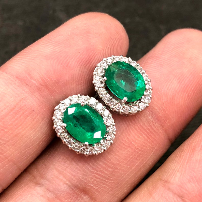 VIVID 3.53TCW Emerald VS Diamonds in 18K solid white gold earrings studs natural certified zambian Colombian halo wedding huge modern ova