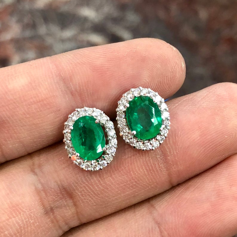 VIVID 3.53TCW Emerald VS Diamonds in 18K solid white gold earrings studs natural certified zambian Colombian halo wedding huge modern ova