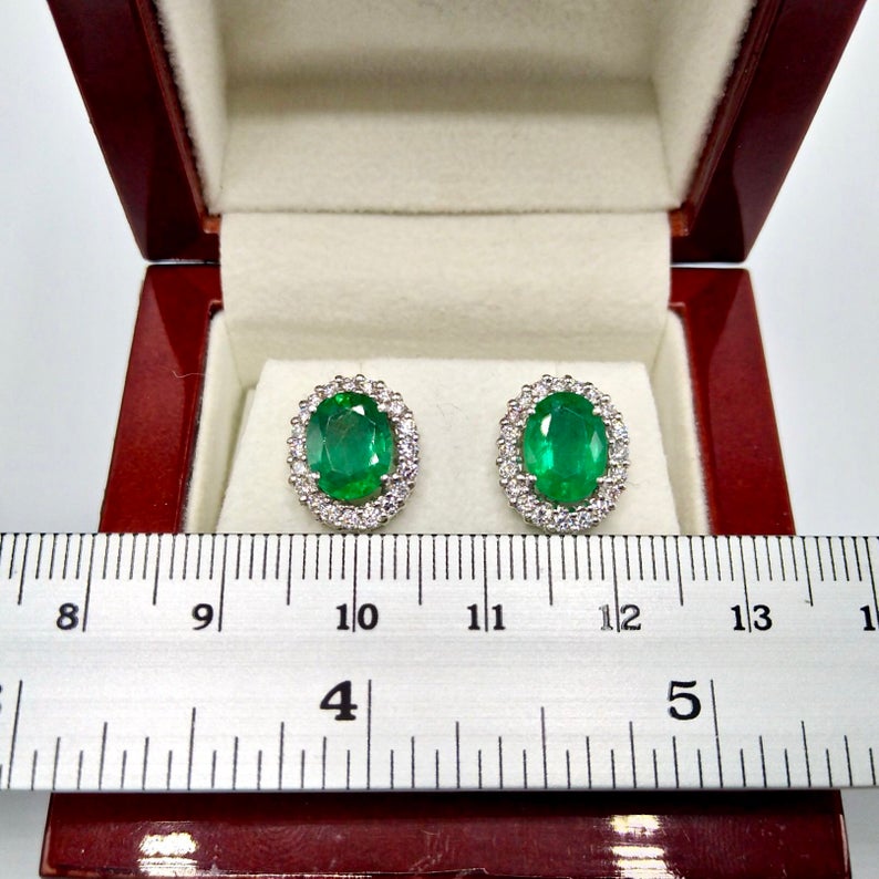 VIVID 3.53TCW Emerald VS Diamonds in 18K solid white gold earrings studs natural certified zambian Colombian halo wedding huge modern ova