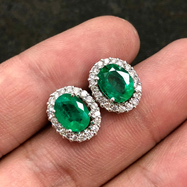 VIVID 3.53TCW Emerald VS Diamonds in 18K solid white gold earrings studs natural certified zambian Colombian halo wedding huge modern ova