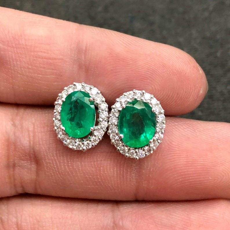 VIVID 3.53TCW Emerald VS Diamonds in 18K solid white gold earrings studs natural certified zambian Colombian halo wedding huge modern ova