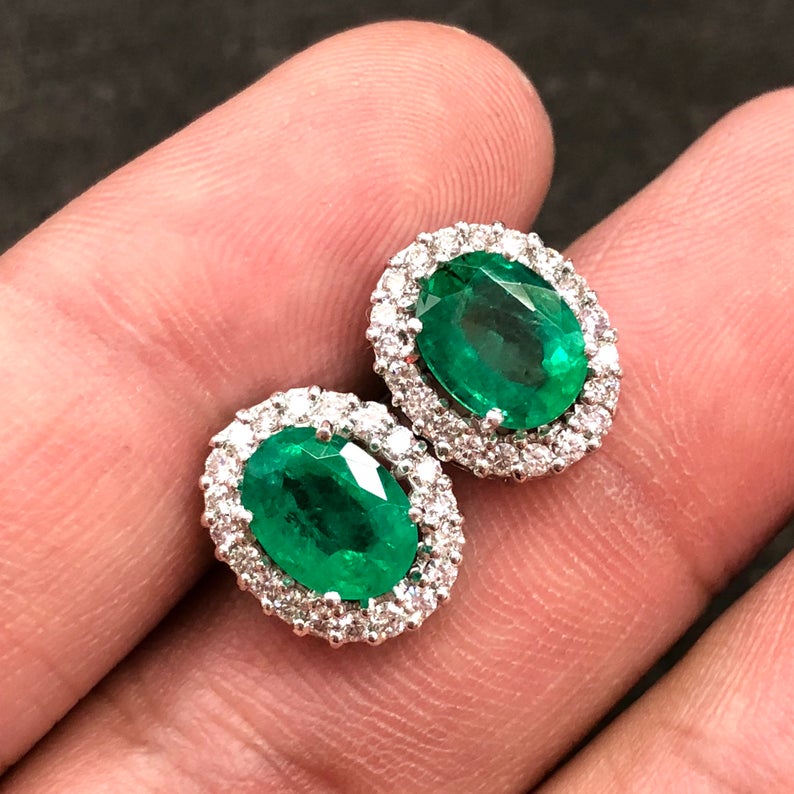 VIVID 3.53TCW Emerald VS Diamonds in 18K solid white gold earrings studs natural certified zambian Colombian halo wedding huge modern ova