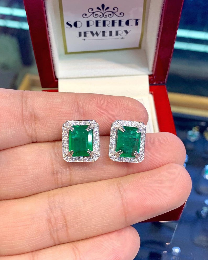 VIVID 6.90TCW Emerald VS Diamonds in 18K solid white gold earrings studs natural certified zambian Colombian halo wedding zambia christmas