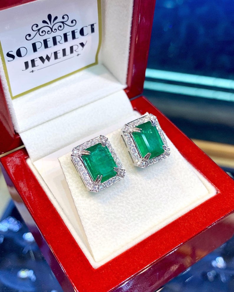 VIVID 6.90TCW Emerald VS Diamonds in 18K solid white gold earrings studs natural certified zambian Colombian halo wedding zambia christmas