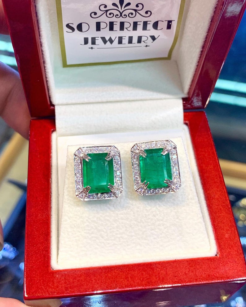 VIVID 6.90TCW Emerald VS Diamonds in 18K solid white gold earrings studs natural certified zambian Colombian halo wedding zambia christmas