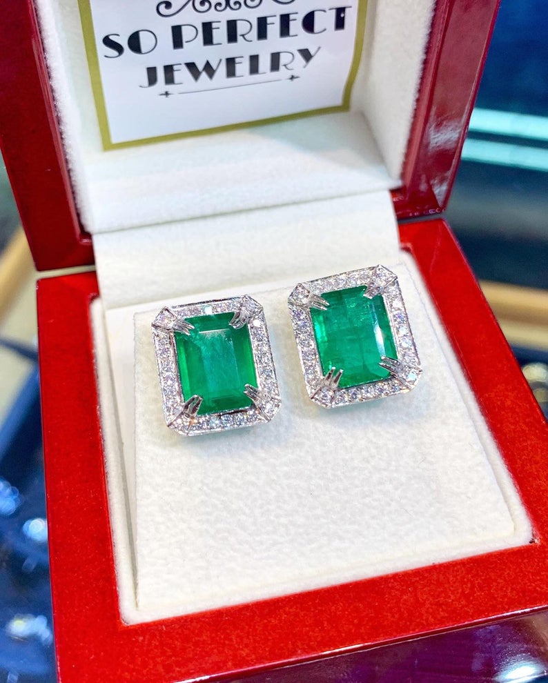 VIVID 6.90TCW Emerald VS Diamonds in 18K solid white gold earrings studs natural certified zambian Colombian halo wedding zambia christmas