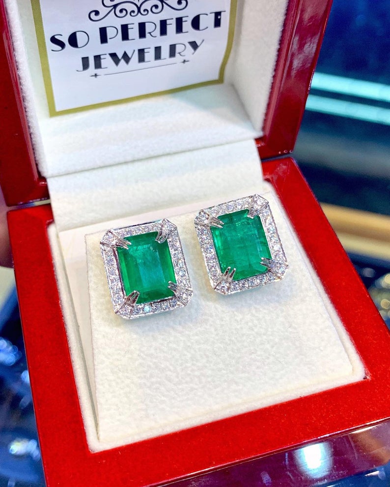 VIVID 6.90TCW Emerald VS Diamonds in 18K solid white gold earrings studs natural certified zambian Colombian halo wedding zambia christmas