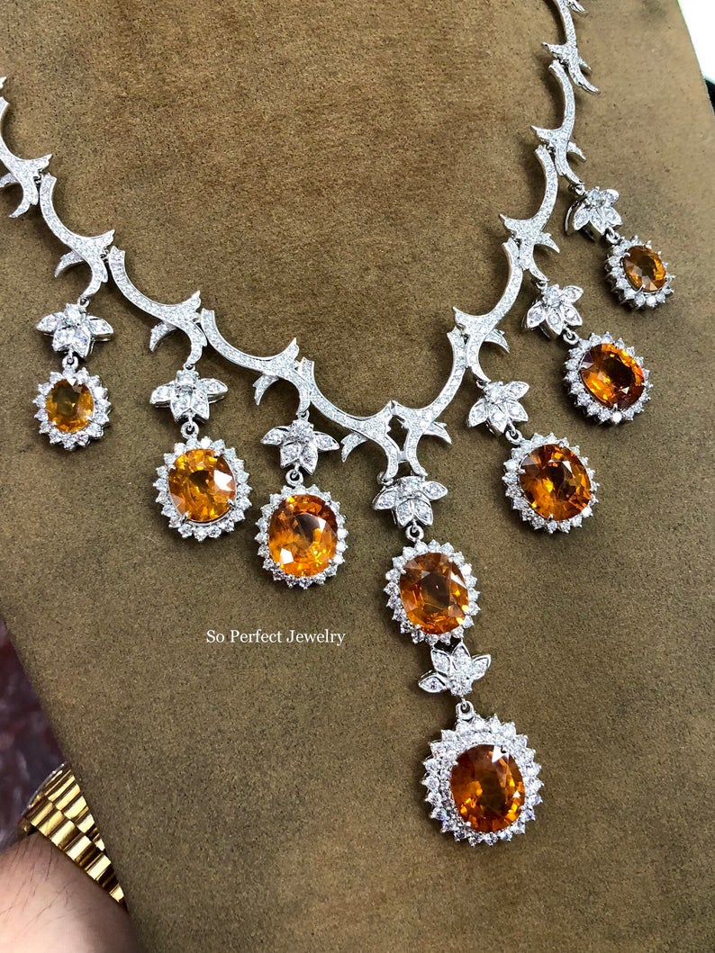 HUGE NECKLACE! 54.48TCW Yellow Sapphire & VS Diamonds in 18K Solid handmade white gold orange thai ceylon chain dangling set pendant