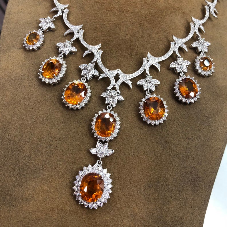 HUGE NECKLACE! 54.48TCW Yellow Sapphire & VS Diamonds in 18K Solid handmade white gold orange thai ceylon chain dangling set pendant