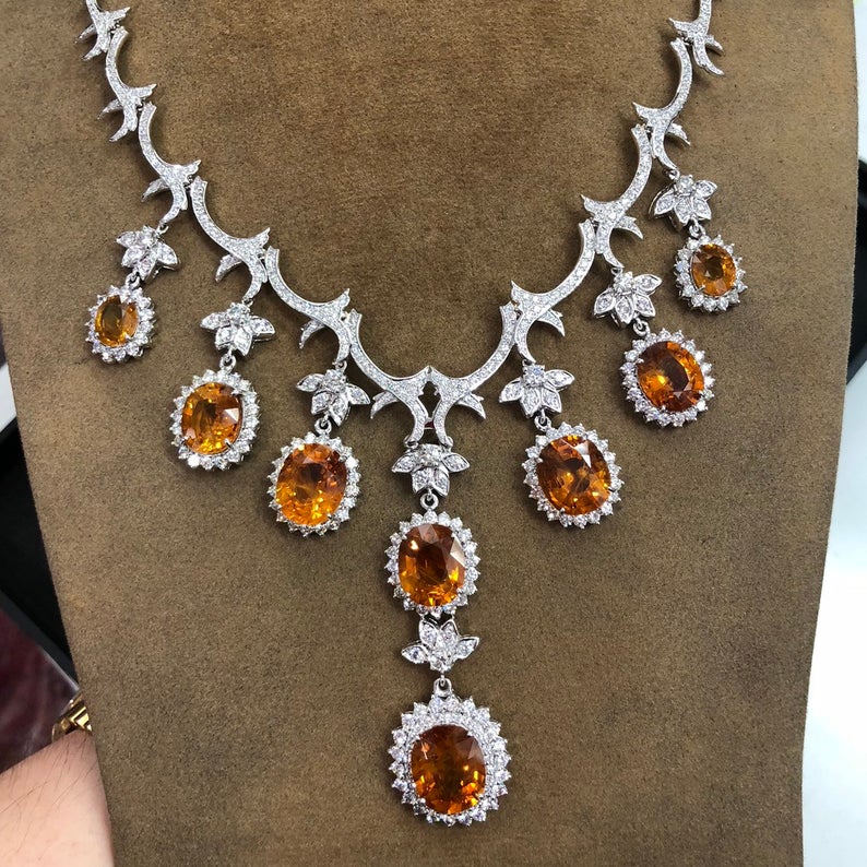 HUGE NECKLACE! 54.48TCW Yellow Sapphire & VS Diamonds in 18K Solid handmade white gold orange thai ceylon chain dangling set pendant