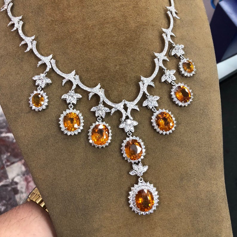 HUGE NECKLACE! 54.48TCW Yellow Sapphire & VS Diamonds in 18K Solid handmade white gold orange thai ceylon chain dangling set pendant