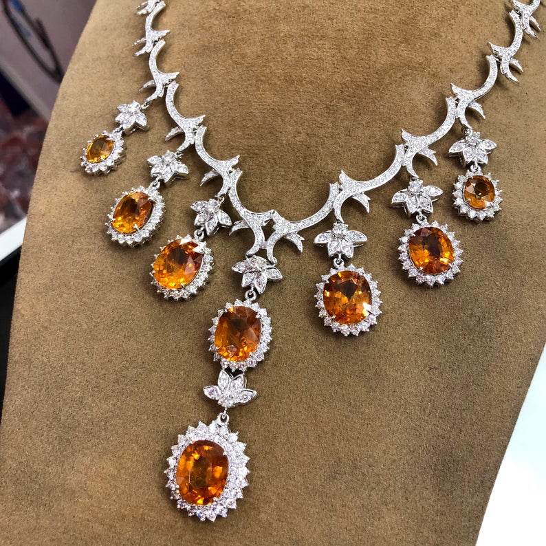 HUGE NECKLACE! 54.48TCW Yellow Sapphire & VS Diamonds in 18K Solid handmade white gold orange thai ceylon chain dangling set pendant