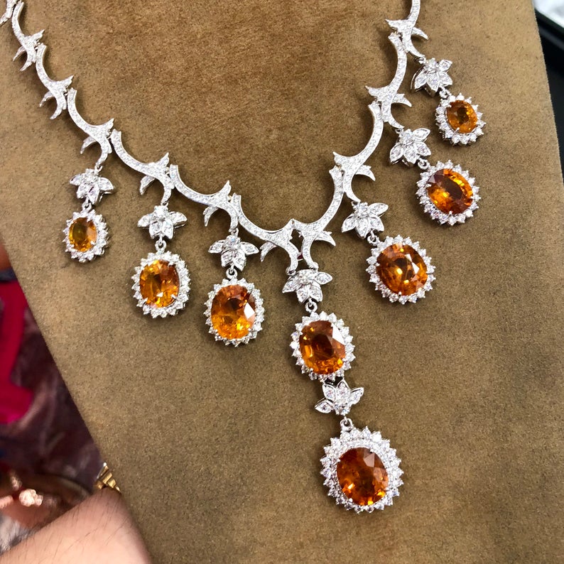 HUGE NECKLACE! 54.48TCW Yellow Sapphire & VS Diamonds in 18K Solid handmade white gold orange thai ceylon chain dangling set pendant