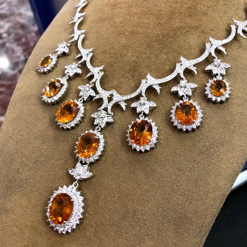 HUGE NECKLACE! 54.48TCW Yellow Sapphire & VS Diamonds in 18K Solid handmade white gold orange thai ceylon chain dangling set pendant