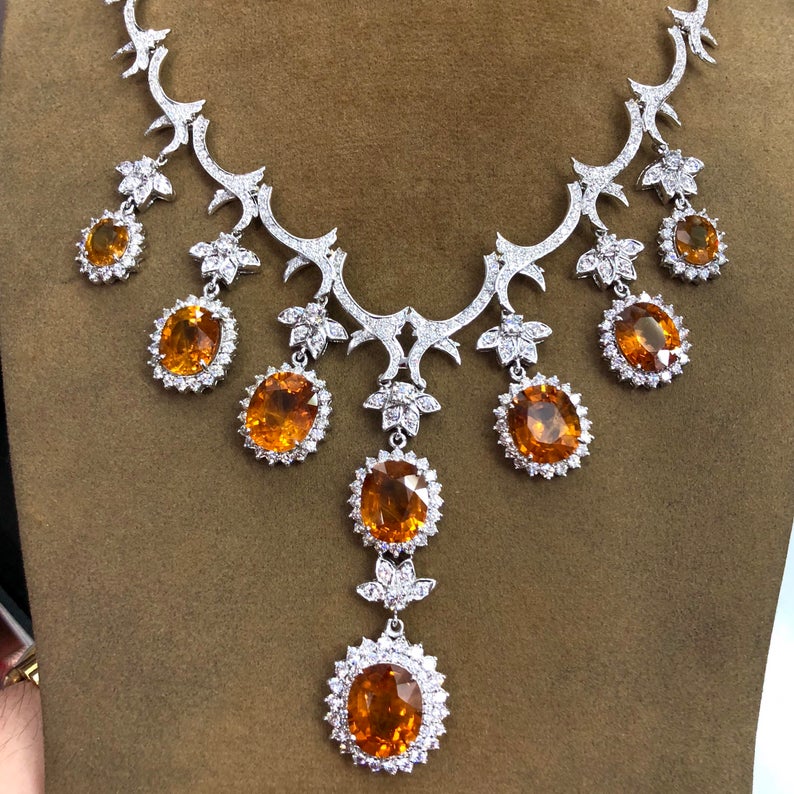 HUGE NECKLACE! 54.48TCW Yellow Sapphire & VS Diamonds in 18K Solid handmade white gold orange thai ceylon chain dangling set pendant