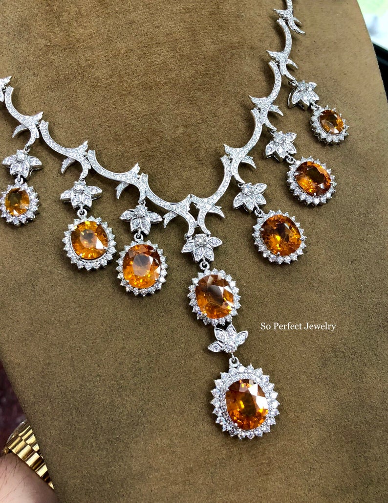 HUGE NECKLACE! 54.48TCW Yellow Sapphire & VS Diamonds in 18K Solid handmade white gold orange thai ceylon chain dangling set pendant