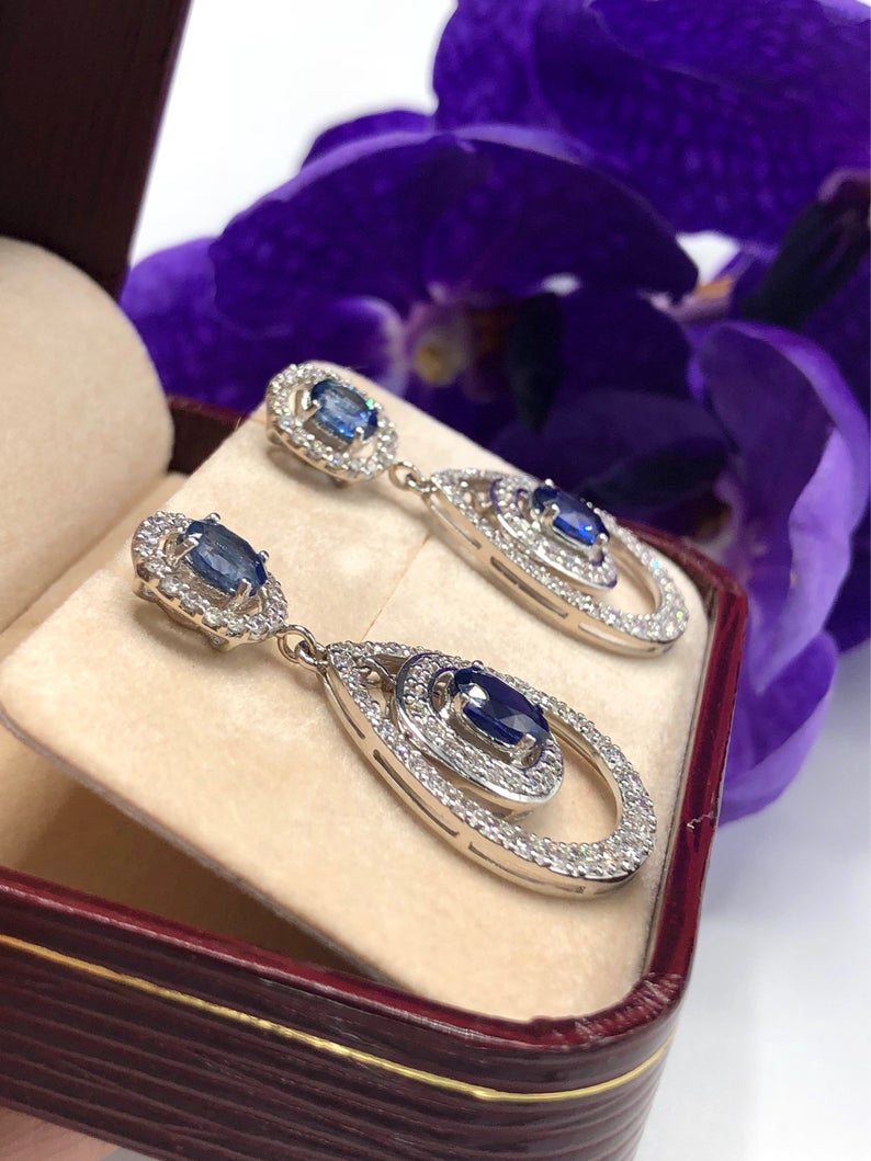 CEYLON 5.82TCW Blue Sapphire & VS diamonds in 18K solid white gold handmade earrings natural dangle chandelier wedding royal blue luxurious