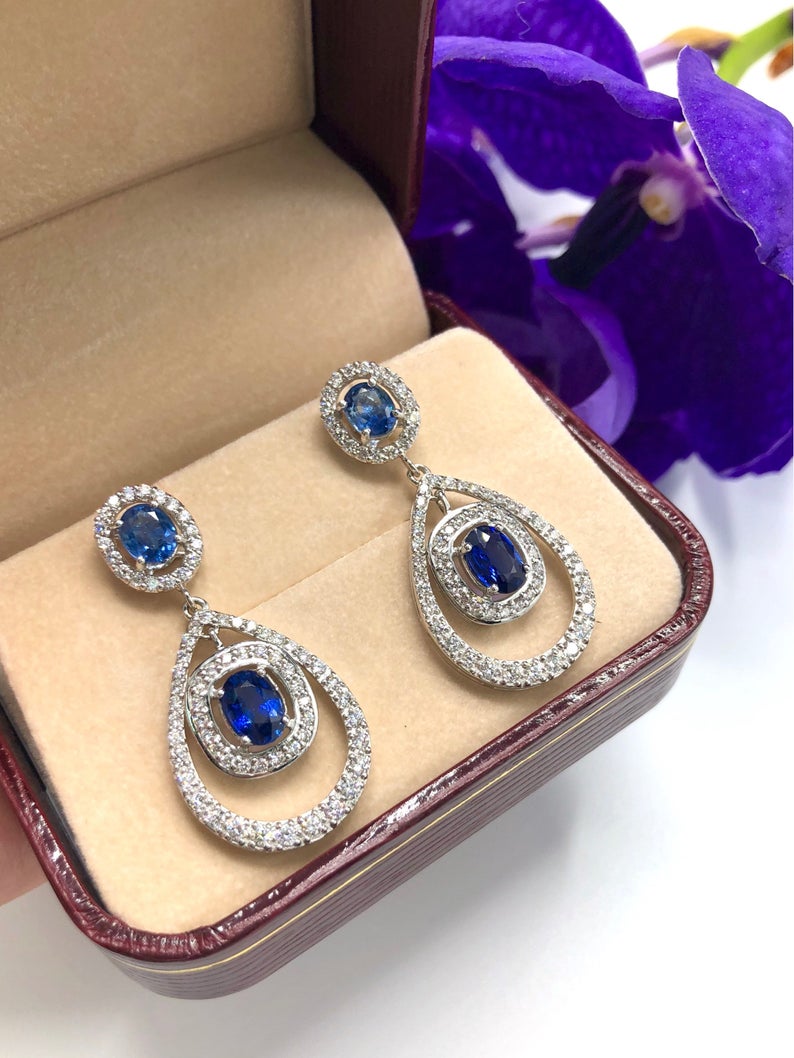 CEYLON 5.82TCW Blue Sapphire & VS diamonds in 18K solid white gold handmade earrings natural dangle chandelier wedding royal blue luxurious