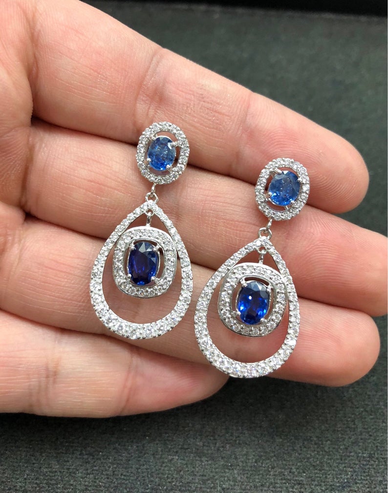 CEYLON 5.82TCW Blue Sapphire & VS diamonds in 18K solid white gold handmade earrings natural dangle chandelier wedding royal blue luxurious