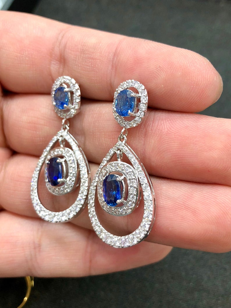 CEYLON 5.82TCW Blue Sapphire & VS diamonds in 18K solid white gold handmade earrings natural dangle chandelier wedding royal blue luxurious