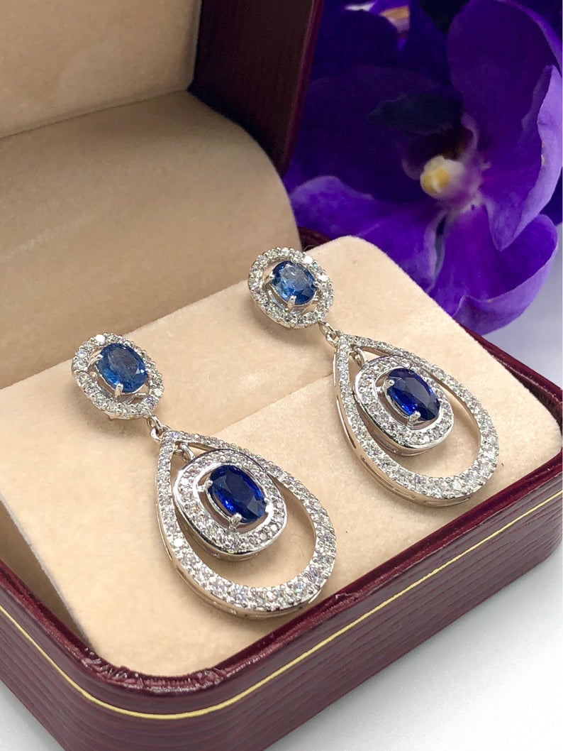 CEYLON 5.82TCW Blue Sapphire & VS diamonds in 18K solid white gold handmade earrings natural dangle chandelier wedding royal blue luxurious